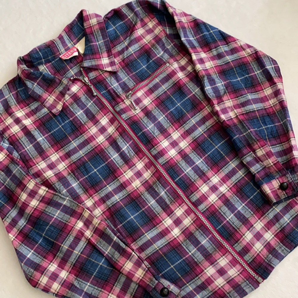 {VTG} Gitano | Zip Front Plaid Flannel Shirt Shacket Blue/Pink/Purple (L 12-14)